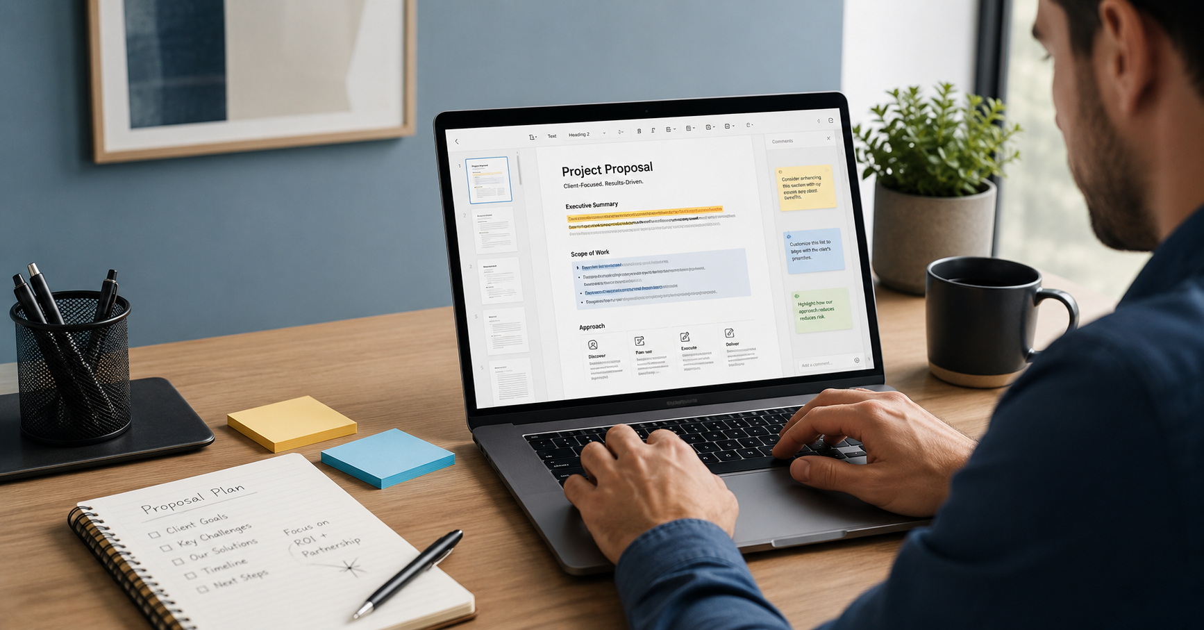 Writer customizing a proposal document on a laptop